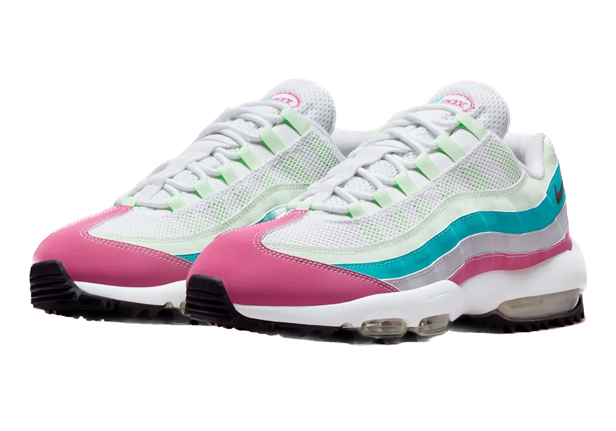Nike Air Max 95 blanche, rose, bleue et verte de 2025.