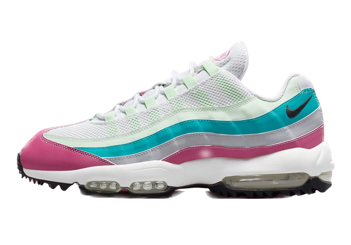 Nike Air Max 95 blanche, rose, bleue et verte de 2025.