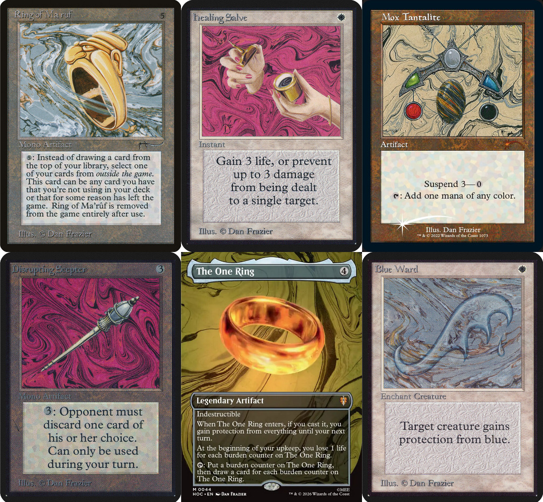 Comparaison de six cartes produites par Dan Frazier pour voir son style caractéristique, notamment sur les fonds des images.