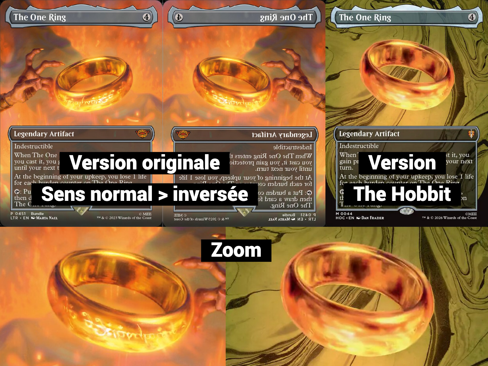 Schéma pour comprendre la transition entre l'anneau de The One Ring signée Marta Nael, et la version 2026 de l'édition The Hobbit, qui semble plagié.