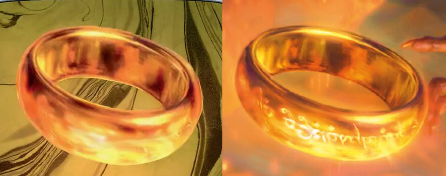Comparaison détaillée des deux anneaux des cartes The One Ring présentes dans les éditions LOTR (2023) et The hobbit (2026).