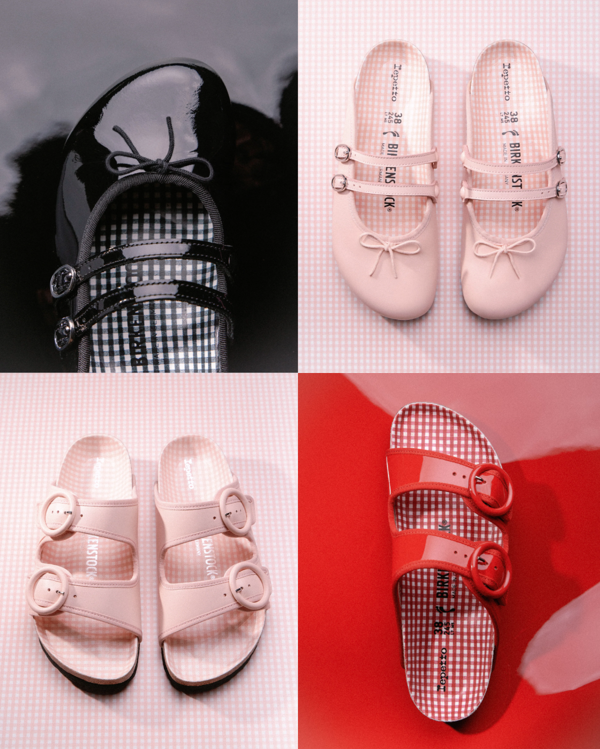 Repetto x Birkenstock Collection : Scala mules in pink and black, and Azirona sandals in red and pink.
